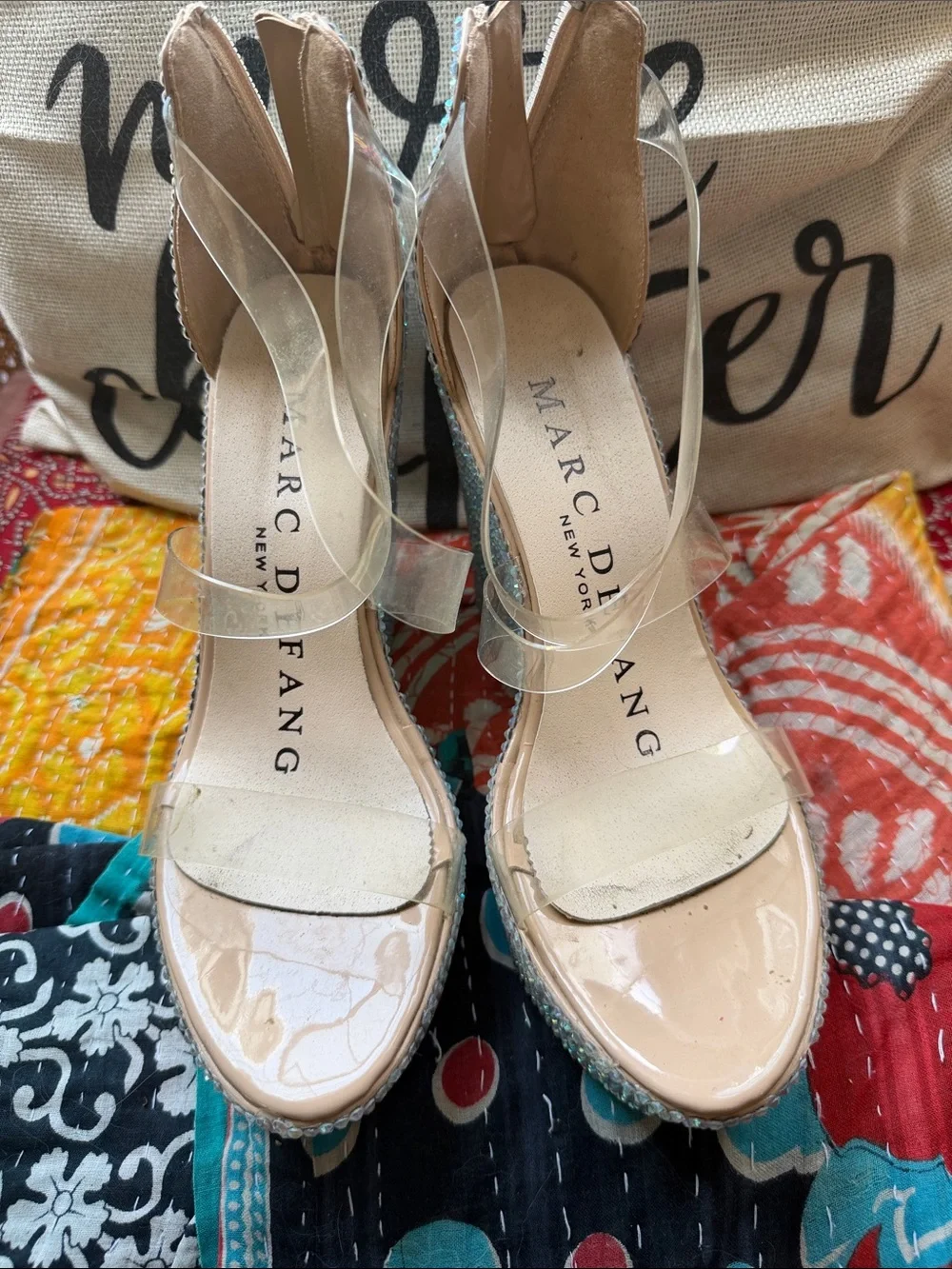 Marc Defang Nude Iridescent Crystal Wedge Sandals